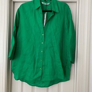 Zara NWT True Green 100% Linen Lightweight 3/4 Sleeve Button-Front Shirt